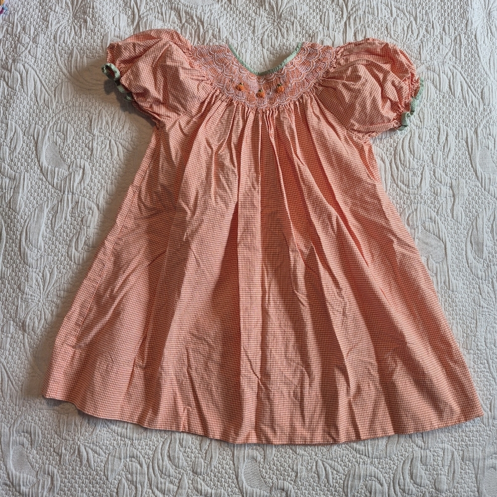 Petit Ami girls size 4T orange & white gingham smocked pumpkin dress VVGUC
